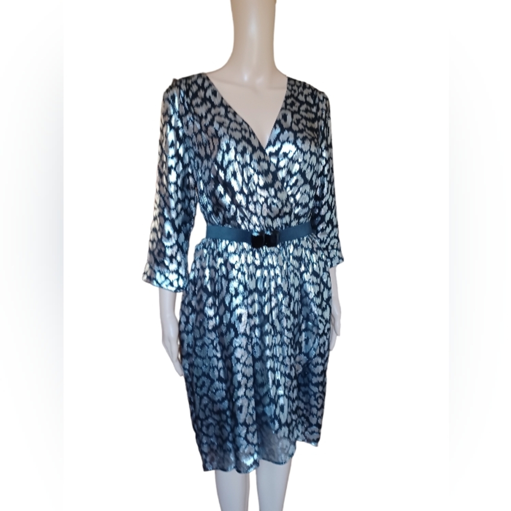 Trina Turk Womens Faux Wrap Long Sleeved Silk Dress Metallic Knee Length Size 8